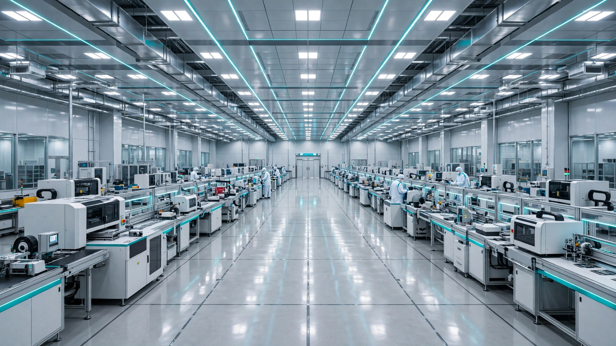 Wide view of a clean, modern electronics assembly facility