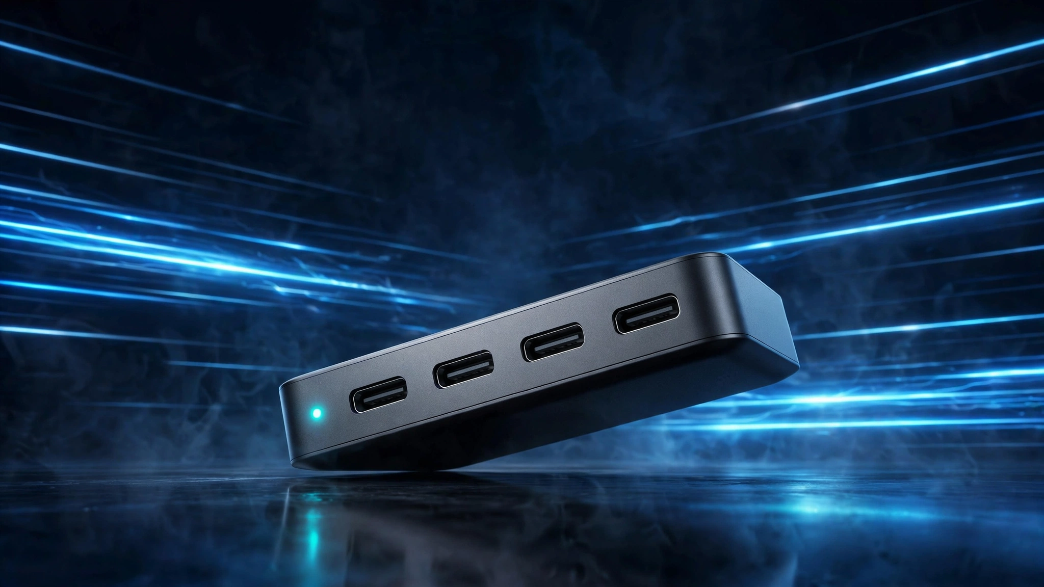 Graphite GaN charging hub concept with cyan status light
