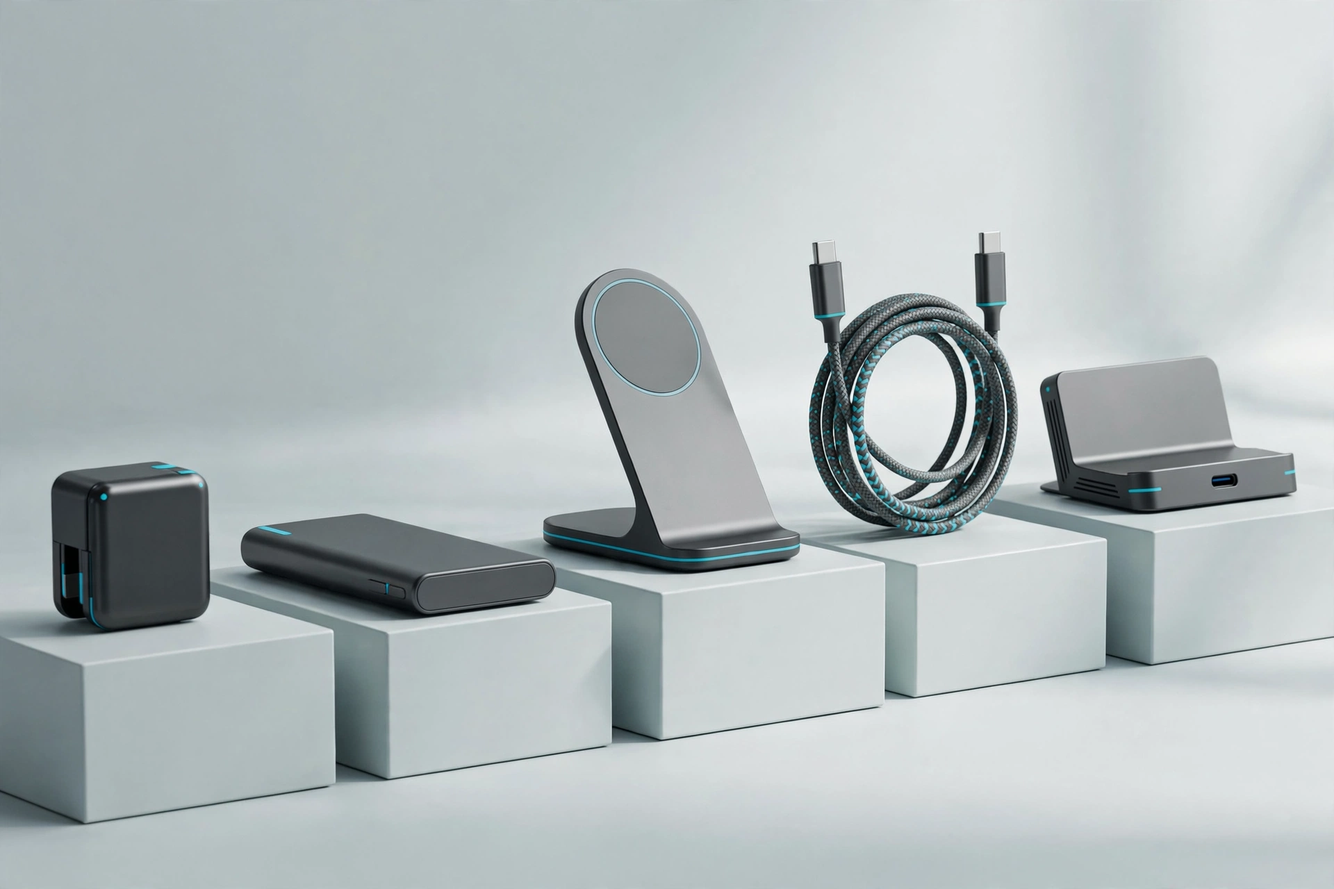Coordinated charging device product family on pale studio plinths