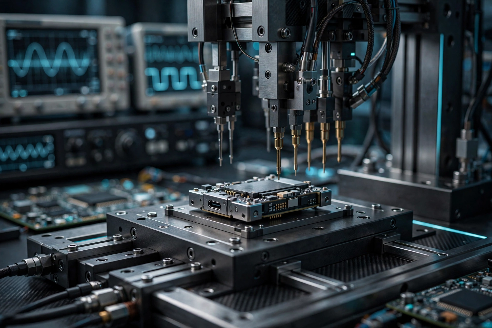Close-up of a smart power device in a professional electronics test lab